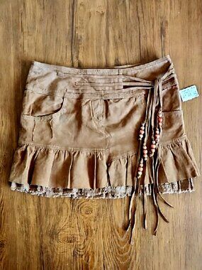 Mango Camel Suede Mini Skirt with Beaded Tassels